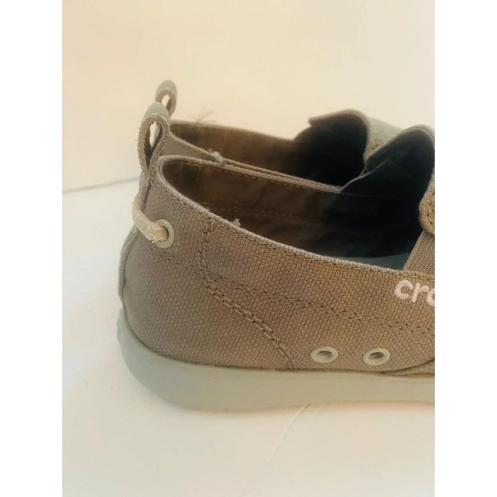Crocs Santa Cruz Mens Canvas Slip On Loafers Khaki Tan Boat Shoes Casual‎ Sz 8